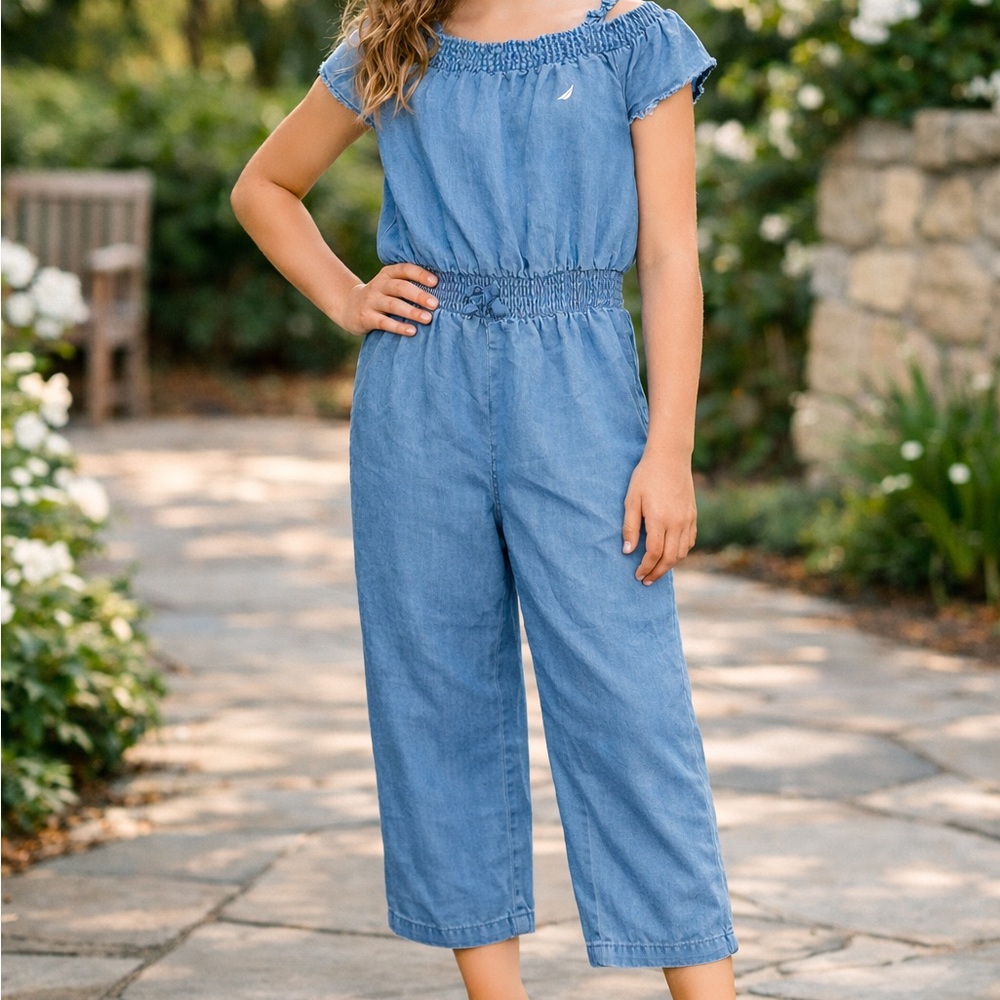 Nautica Kids Chambray Jumpsuit | Size 8/10 | Off-Shoulder Summer Outfit